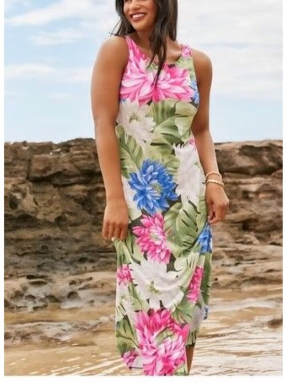 Tommy Bahama Womens Size XL Midi Dress Jasmina Lotus Sleeveless Stretch Tropical